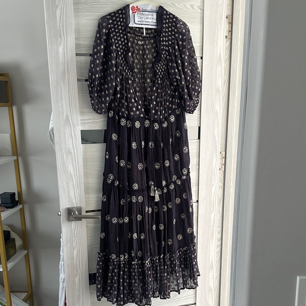 Free People Navy and Gold Polka Dot Long Sleeve Dress